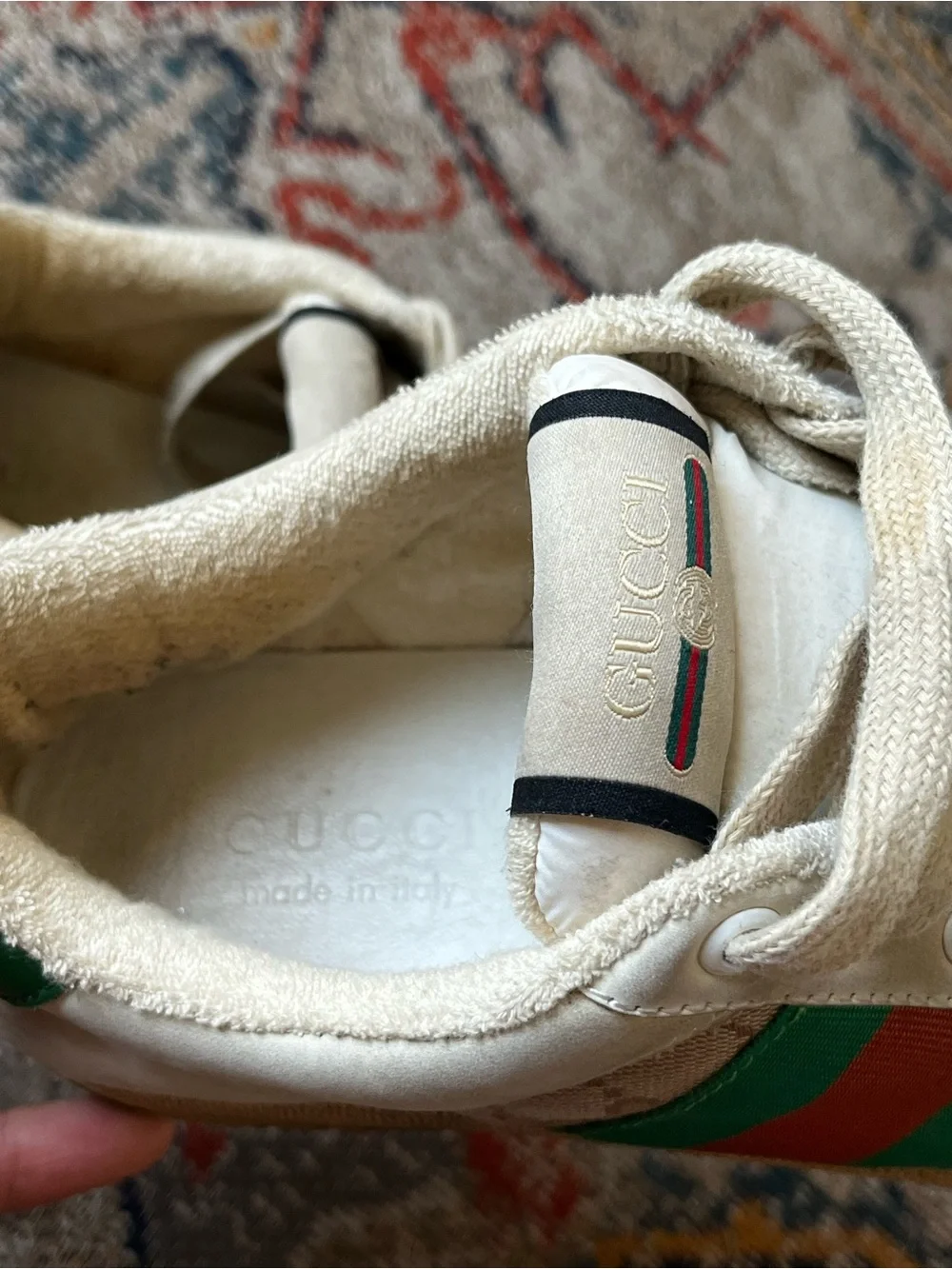 Gucci Cream and Green Leather Logo Sneakers Size 41 Sneakers GG Monogram